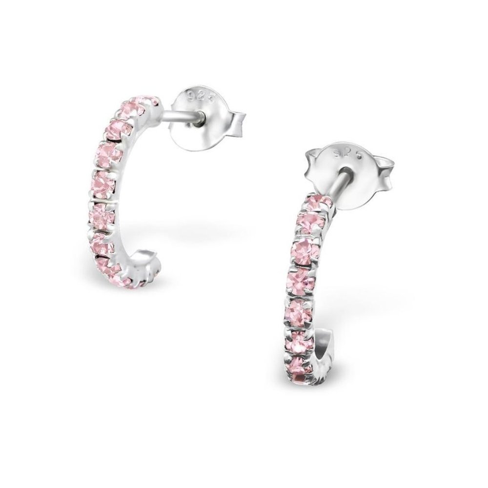 Silver Curved Ear Studs with Crystal